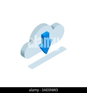 isometric cloud icon with down arrow in color on white background, uploading data from cloud storage Stock Vector