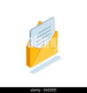 isometric open envelope icon in color on white background, read letter or text document Stock Vector