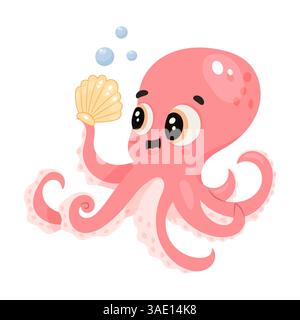 cartoon octopus pink shell underwater animal ocean sea bubbles cute character vector Stock Vector