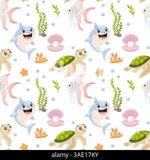 shark turtle fish sea pattern cute marine seamless ocean repeat background cartoon Stock Vector