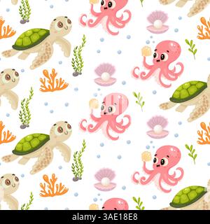 octopus turtle marine pattern underwater cute seamless ocean baby sea vector design Stock Vector