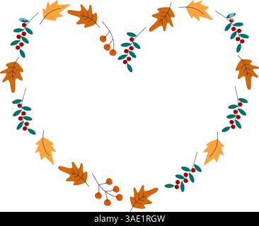 Autumn Leaf and Berry Twigs Heart Shaped Wreath Copy space Template idea Thanksgiving Greeting idea. Vector illustration Thematic cards, wedding invitation, posters, leaflets, seasonal print and decor Stock Vector