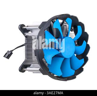 Highperformance CPU cooler is equipped with an elegant blue fan and aluminum radiator isolated on white Stock Photo