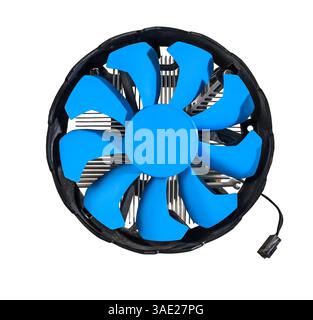 CPU cooler is equipped with an elegant blue fan and aluminum radiator front view isolated on white Stock Photo