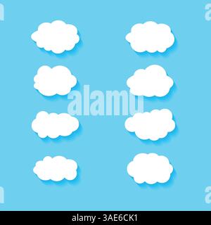 Minimalist Vector illustration of white cloudy set isolated on blue background Stock Vector