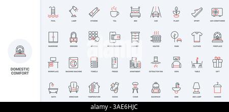 Furniture and domestic equipment, house interior, home bedroom, bathroom comfort line icon set. Smart control of thermostat, automation facility thin black and red outline symbols vector illustration Stock Vector