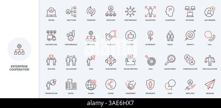 Cooperation, organization of employees teamwork in corporate company line icon set. Success of business meeting and communication, risk assessment thin black and red outline symbol vector illustration Stock Vector