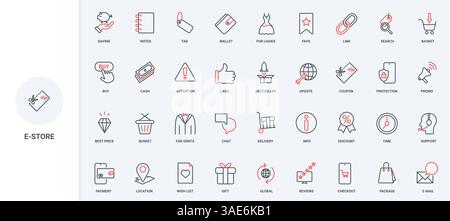 Promotion and sales in online retail store, customer support service line icon set. Favorites and discount coupon for order, gift from wish list thin black and red outline symbols vector illustration Stock Vector