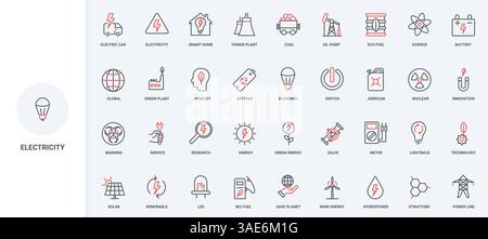 Electricity, energy generation with alternative resources, sustainable energy consumption line icon set. Power station, plant and bio fuel thin black and red outline symbols vector illustration Stock Vector