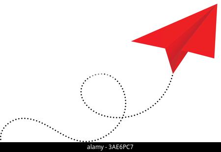 Minimalist Red Paper Airplane with Dotted Flight Path on White Background –Travel and Creativity Concept Stock Vector