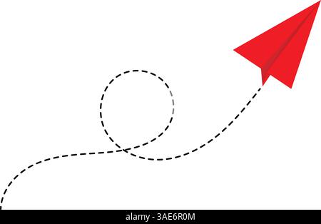 Minimalist Red Paper Airplane with Dotted Flight Path on White Background –Travel and Creativity Concept Stock Vector