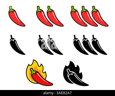 Hot chili peppers icon set, color and black and white. Level of spicy from mild to extra hot with fire flame. Simple cartoon vector clip art illustrat Stock Vector
