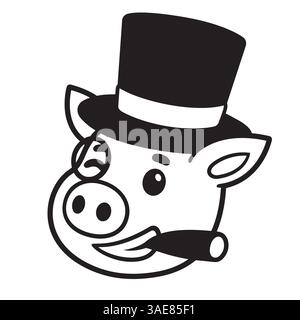 Funny cartoon capitalist pig caricature. Rich piggy boss with cigar, monocle and top hat. Cute vector illustration, black and white logo. Stock Vector