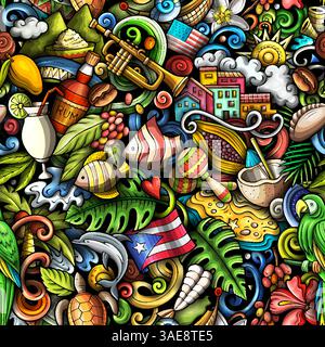 PUERTO RICO doodles seamless pattern. Stock Vector