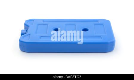 New blue plastic cold accumulator isolated on white. Stock Photo