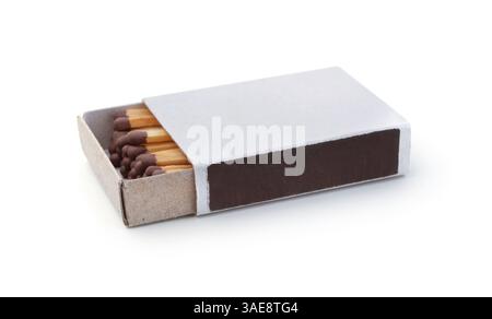 New opened box of matches isolated on white. Stock Photo