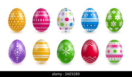 Set of Easter Eggs. Red, green, yellow, blue, white ornamental eggs. Easter eggs in different colors decorated with patterns isolated on white backgro Stock Vector