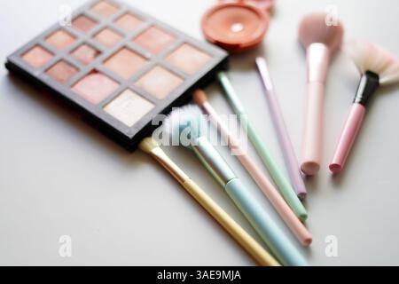 make up palette, brushes on white Stock Photo