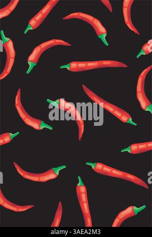 Pattern with red chili peppers on black background. Creative concept Stock Vector