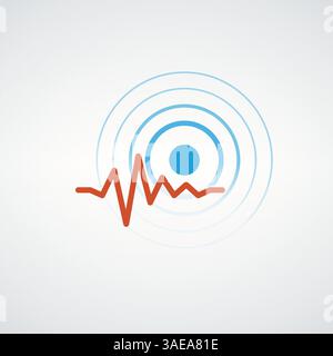 Red Line Pulse Wave Over Blue Circles on White Background Stock Vector