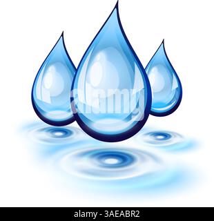 Three blue Water drops and ripples, vector with transparency Stock Vector