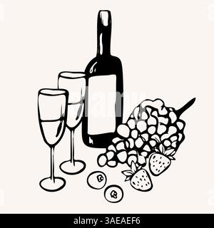 Hand drawn dinner vector composition with wine bottle glasses, grapes, strawberries. illustration in sketch whimsical line art style. For menu, label Stock Vector