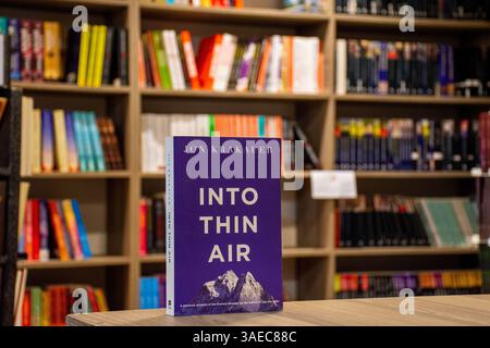 Close-up of Jon Krakauer's Into Thin Air Book in the bookstore. Stock Photo