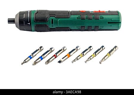 Electric screwdriver with interchangeable tips, battery-powered, on a white background, flat, Phillips, Pozidriv, Torx and hexagonal Stock Photo