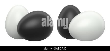 Black and white eggs placed side by side isolated on white transparent background. Concept of egg variety and nutrition Stock Photo