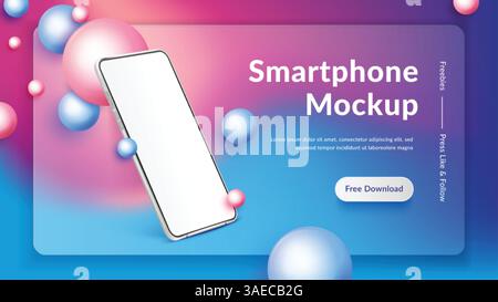 Realistic smartphone mockup. 3d mobile phone with blank screen on colour background. Modern cell phone vector template mockup in abstract scene with p Stock Vector