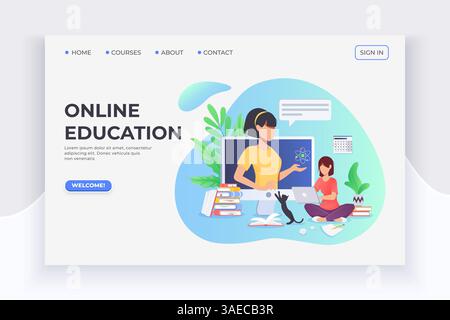 Student studuing at home with laptop, courses and lector. E-learning and home education. Online webinar conference, internet seminar, internet course. Stock Vector