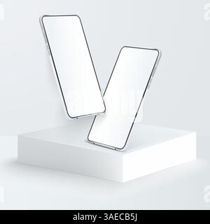 Two white realistic smartphone mockup on square podium. 3d mobile phones with blank white screen. Modern cell phones vector template on light backgrou Stock Vector