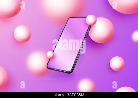 Realistic smartphone mockup. 3d mobile phone with blank screen on colour background. Modern cell phone vector template mockup in abstract scene with p Stock Vector
