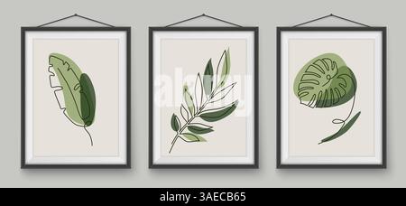 Tropical leaves one line drawing in realistic frames. Botanical plant vector line art in earth tone with geometrical shapes. Minimalist continuous lin Stock Vector