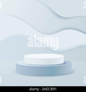 Realistic cylinder podium. White and blue round podium stage and 3d exhibit displays. 3d geometric shapes vector set with papercut background Stock Vector
