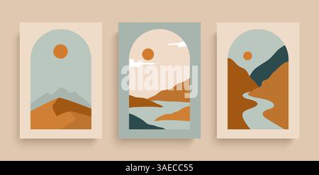 Simply vector posters with with rivers, desert, sun and mountains. Set of rectangular abstract landscapes in earth colors. Abstract prints with elemen Stock Vector