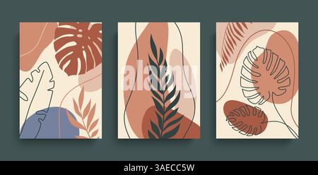 Tropical leaves wall art vector set. Abstract plant art in earth tone with geometrical shapes. Minimal vector botanical design for card, poster, cover Stock Vector