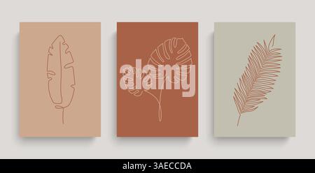 Tropical leaves one line drawing. Botanical line art. Minimalist continuous vector line foliage drawing Stock Vector