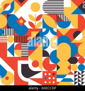 Simple geometric bauhaus inspired seamless pattern. Minimal modern abstract shapes. Abstract retro tiles with circles and triangles. Basic square figu Stock Vector