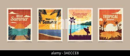 Summer tropical vector cards. Vacation posters in retro style. Backgrounds with summer tropical leaves, landscapes, sunsets and nature graphics Stock Vector