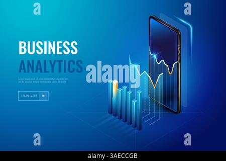 Realistic mobile phone with business analytics data and charts. Monitoring analysis, visualization data.Infographic with 3d vector phone Stock Vector