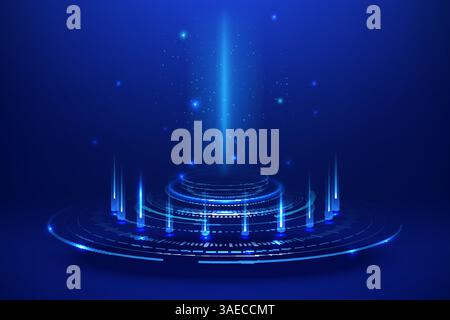 Glowing blue rings, futuristic elements, hologram, magic portal. Sci-fi digital hi-tech elements for presentation. Podium for teleportation or stage Stock Vector