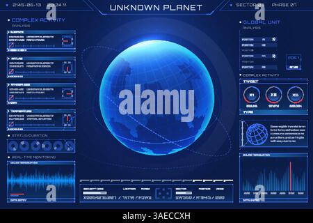 HUD futuristic alien planet world map hologram. Exploration of an unknown planet. Interactive screen with digital interface. Sci Fi infographics Stock Vector