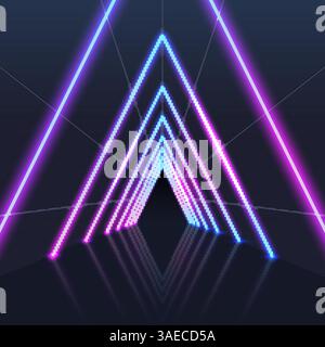 Glowing neon triangles direction in perspective. Glowing vector futuristic lighting. Pink blue spectrum vibrant colors, laser show Stock Vector