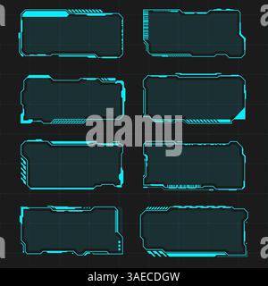 Futuristic HUD frames. User interface elements, border aim control panel. High tech screen digital hologram window, sci-fi empty banners for text, men Stock Vector
