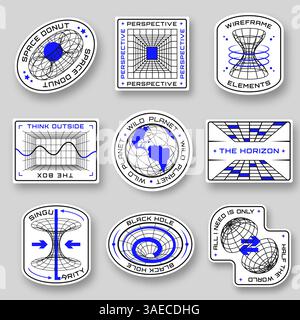 Sci Fi geometric stickers. Futuristic space shapes in different forms. Badges with wireframe 3D figures. Perspective grid, futuristic design elements, Stock Vector