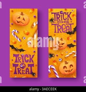 Two Halloween vertical banners with candies, spiders, bats and pumpkins on orange background. Trick or Treat. Halloween banner template with realistic Stock Vector