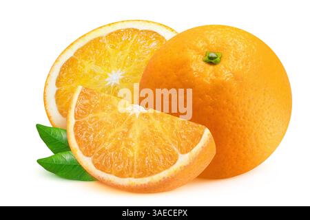 Oranges with leaves on an isolated white background. Three oranges - whole, half and slice. Stock Photo
