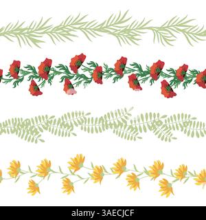 Chamomile, rudbeckia, clover, leaves, poppies, lilies of the valley, berries, tulips, assembled horizontal border seamless pattern Floral seamless bor Stock Vector