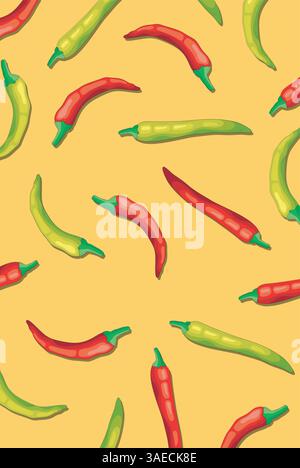 Pattern with red and green peppers on yellow background. Creative concept Stock Vector
